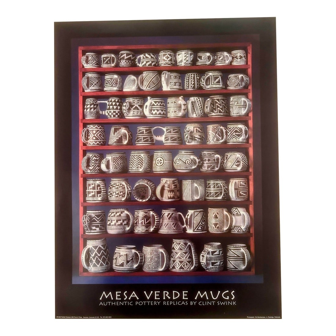 Vintage "Mesa Verde Mugs Authentic Pottery Replicas by Clink Swank" Poster: Vintage "Mesa Verde Mugs Authentic Pottery Replicas by Clink Swank" Poster. Photograph of pottery replicas feature native Southwestern designs. By Redtail designs photograph: Ed Abrahamson Jr., . Dura