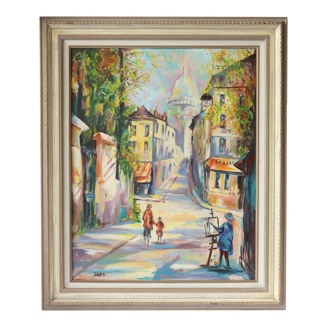 Midcentury French Abstract Montmartre Sacré-CÅ“ur Paris Painting: Add a touch of sophistication with this midcentury abstract Paris city painting. This unframed oil on canvas captures the vibrant essence of Montmartre, featuring the iconic