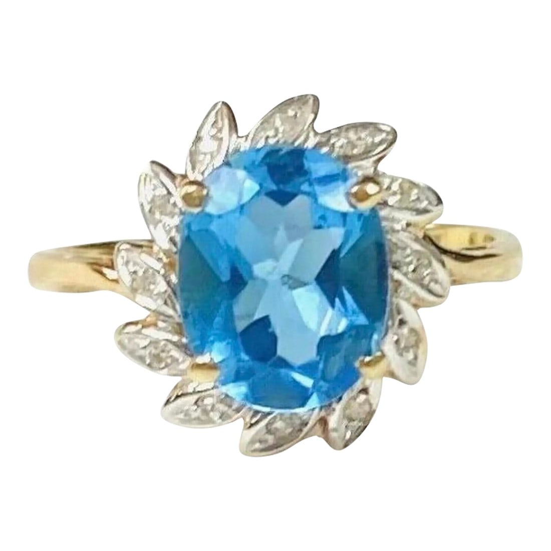 Blue Topaz 14k Yellow Gold and Diamond Ring: 14k yellow gold blue topaz and diamond ring. The dimensions of the oval aquamarine are approximately 11.5 mm x 7.5mm. Approximately 3 carats. Marked 14k. Approximate size 7.5. Condition: Alterations: 