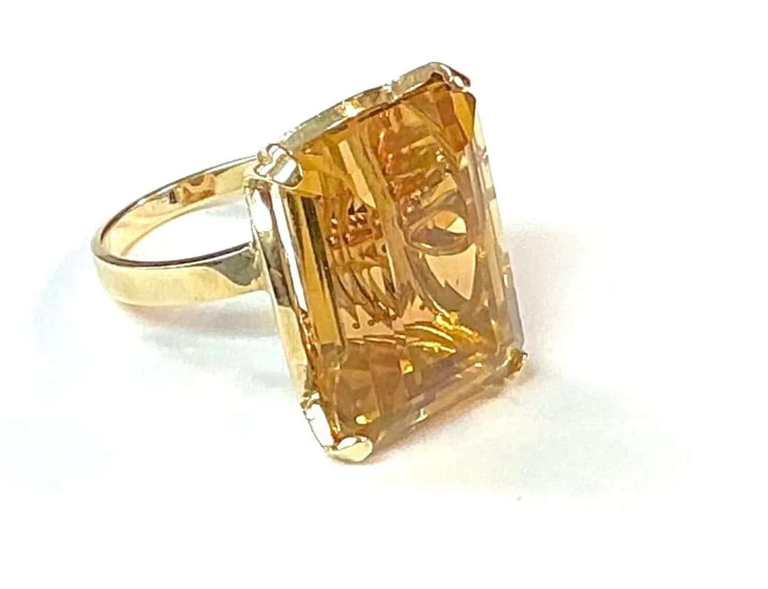 14k Yellow Gold Ring 15 Carat Emerald Cut Citrine - 2