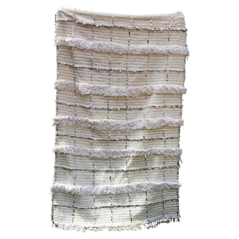 Large Vintage Moroccan Handcrafted Tribal Wedding Blanket Throw with Sequins - 11
