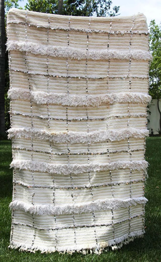 Large Vintage Moroccan Handcrafted Tribal Wedding Blanket Throw with Sequins - 3