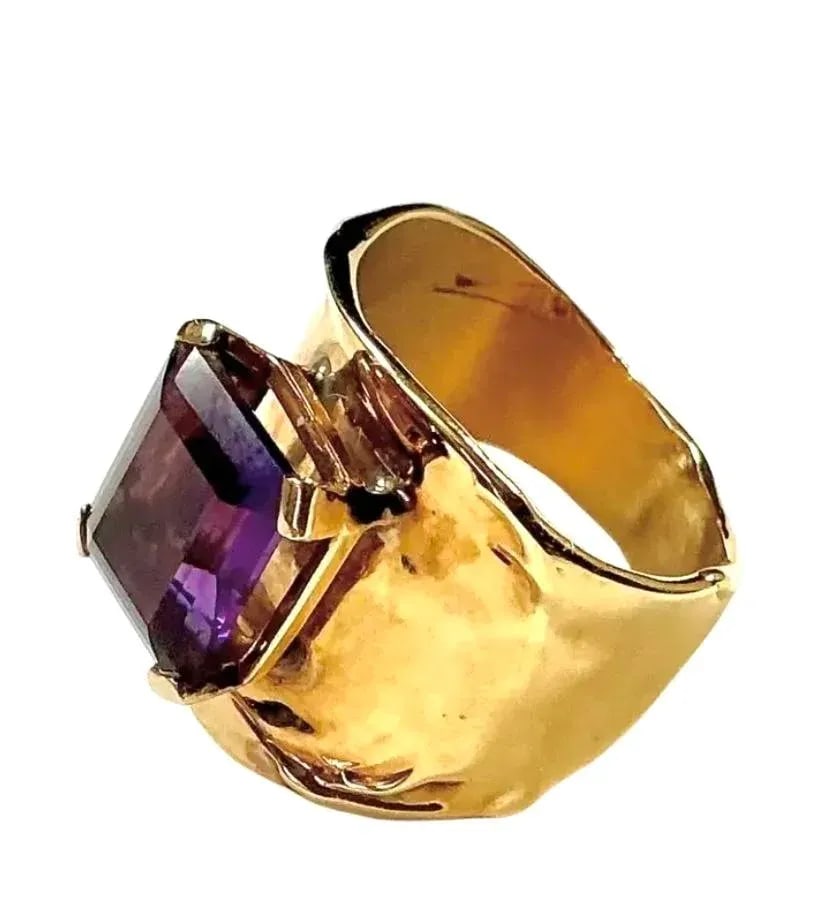 Emerald-Cut Amethyst Ring by Jim Cotter 14k Gold Wide Band - 2