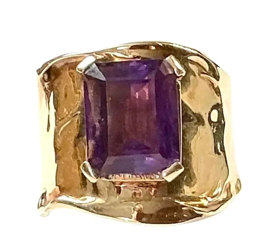 Emerald-Cut Amethyst Ring by Jim Cotter 14k Gold Wide Band - 3