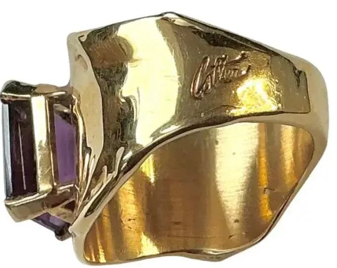 Emerald-Cut Amethyst Ring by Jim Cotter 14k Gold Wide Band - 4