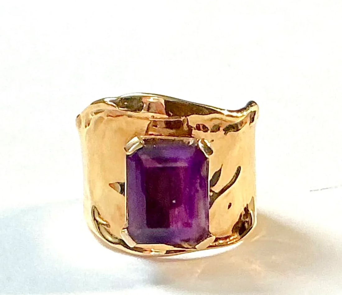 Emerald-Cut Amethyst Ring by Jim Cotter 14k Gold Wide Band - 5