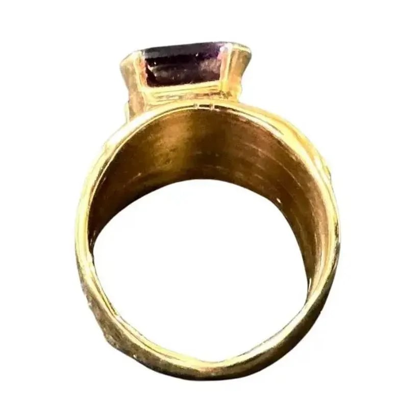 Emerald-Cut Amethyst Ring by Jim Cotter 14k Gold Wide Band - 6