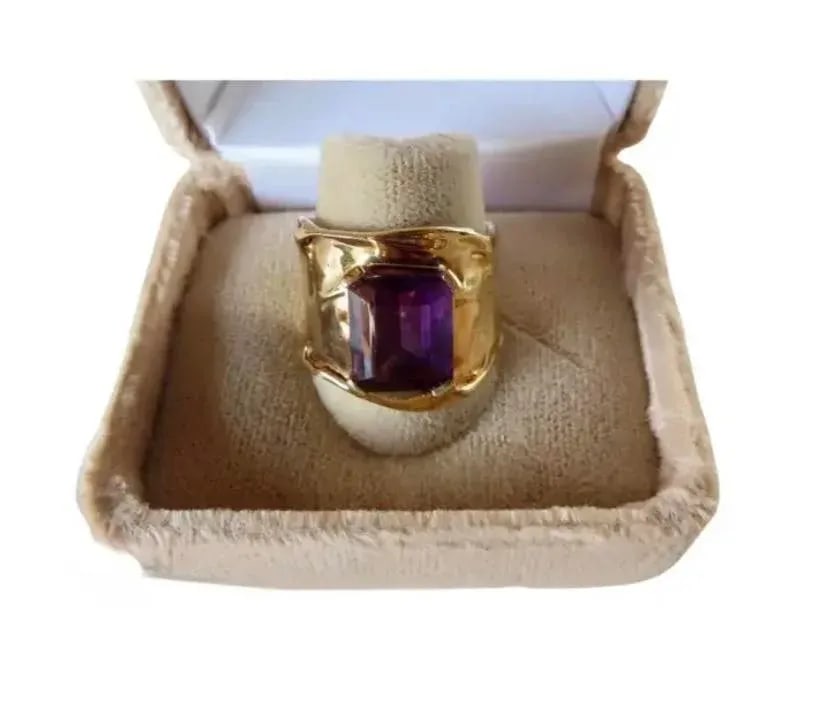 Emerald-Cut Amethyst Ring by Jim Cotter 14k Gold Wide Band - 7