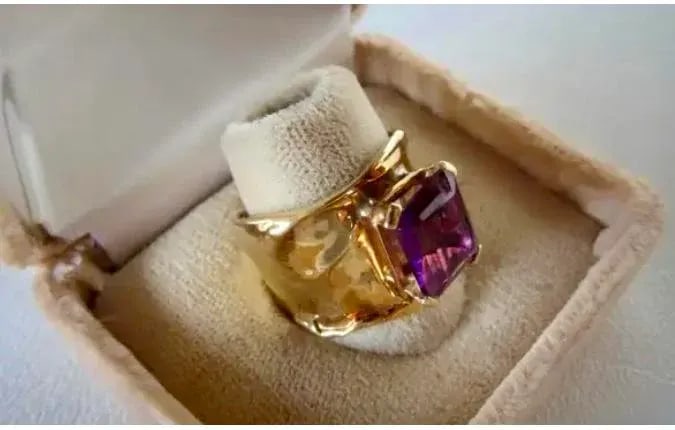 Emerald-Cut Amethyst Ring by Jim Cotter 14k Gold Wide Band - 8