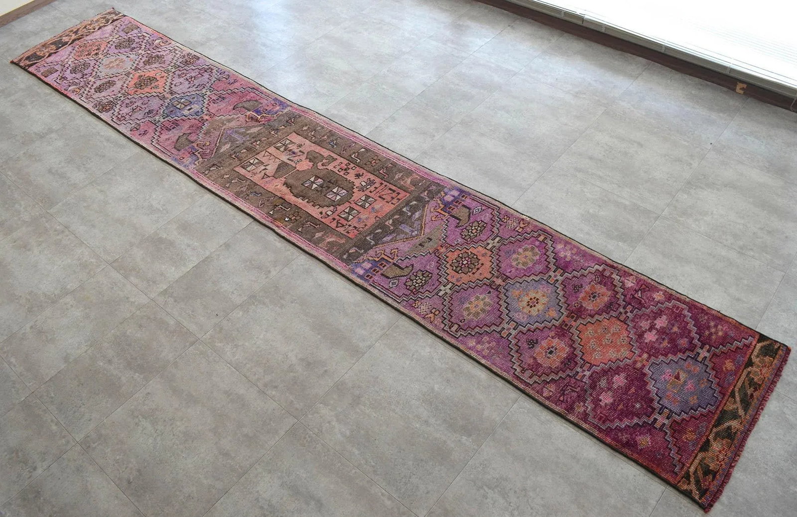 Hand-Knotted Turkish Runner Rug . Low Pile Full Tribal Design Narrow Runner Rug 2"²2"³ - 10