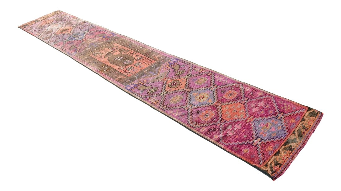 Hand-Knotted Turkish Runner Rug . Low Pile Full Tribal Design Narrow Runner Rug 2"²2"³ (1 of 11)