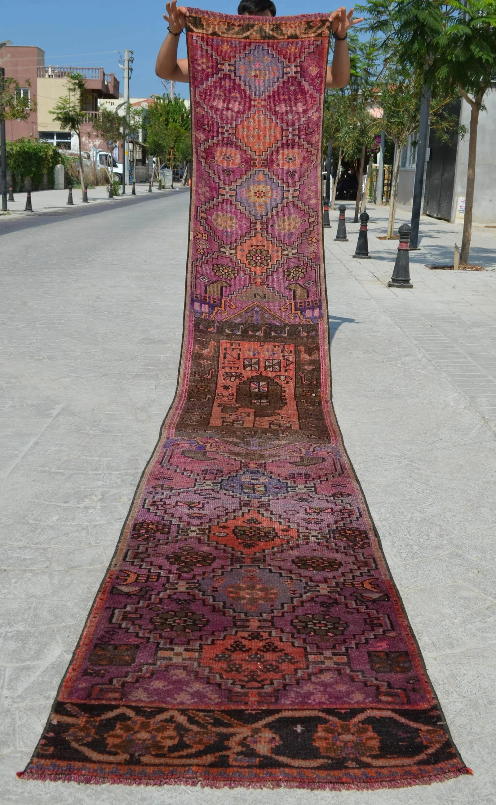 Hand-Knotted Turkish Runner Rug . Low Pile Full Tribal Design Narrow Runner Rug 2"²2"³ - 2