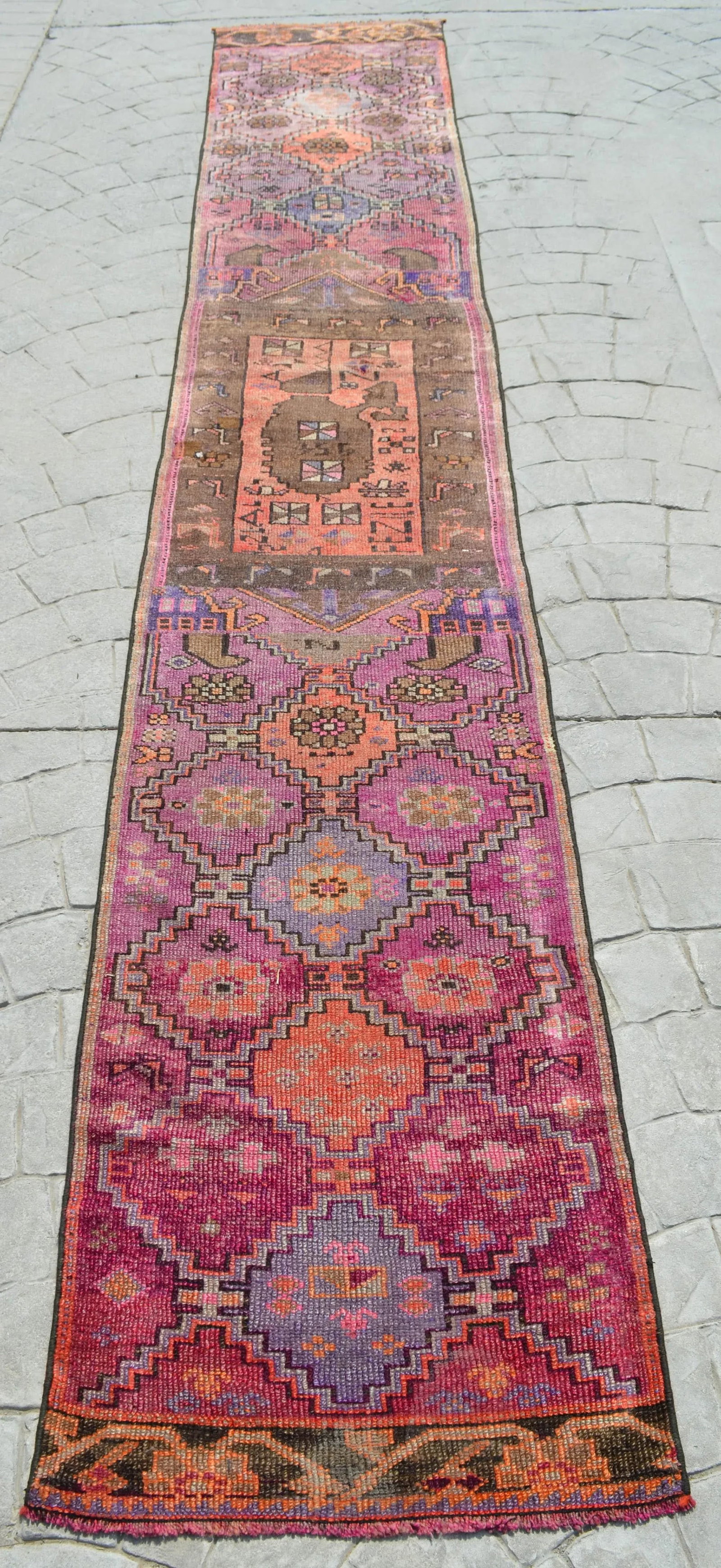 Hand-Knotted Turkish Runner Rug . Low Pile Full Tribal Design Narrow Runner Rug 2"²2"³ - 4