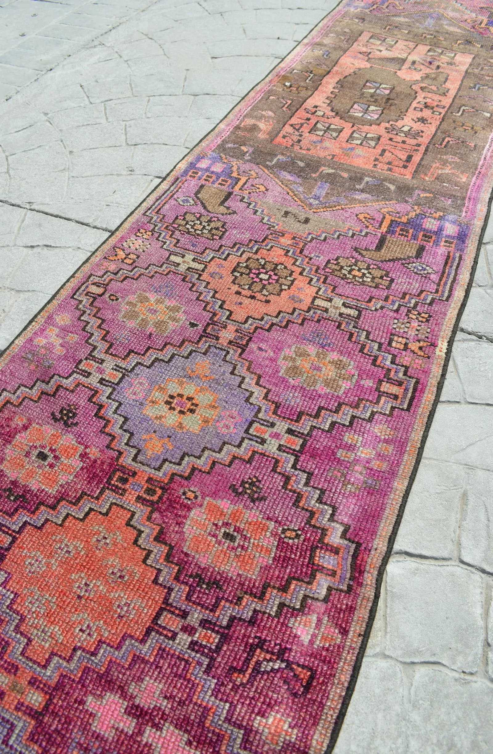Hand-Knotted Turkish Runner Rug . Low Pile Full Tribal Design Narrow Runner Rug 2"²2"³ - 5