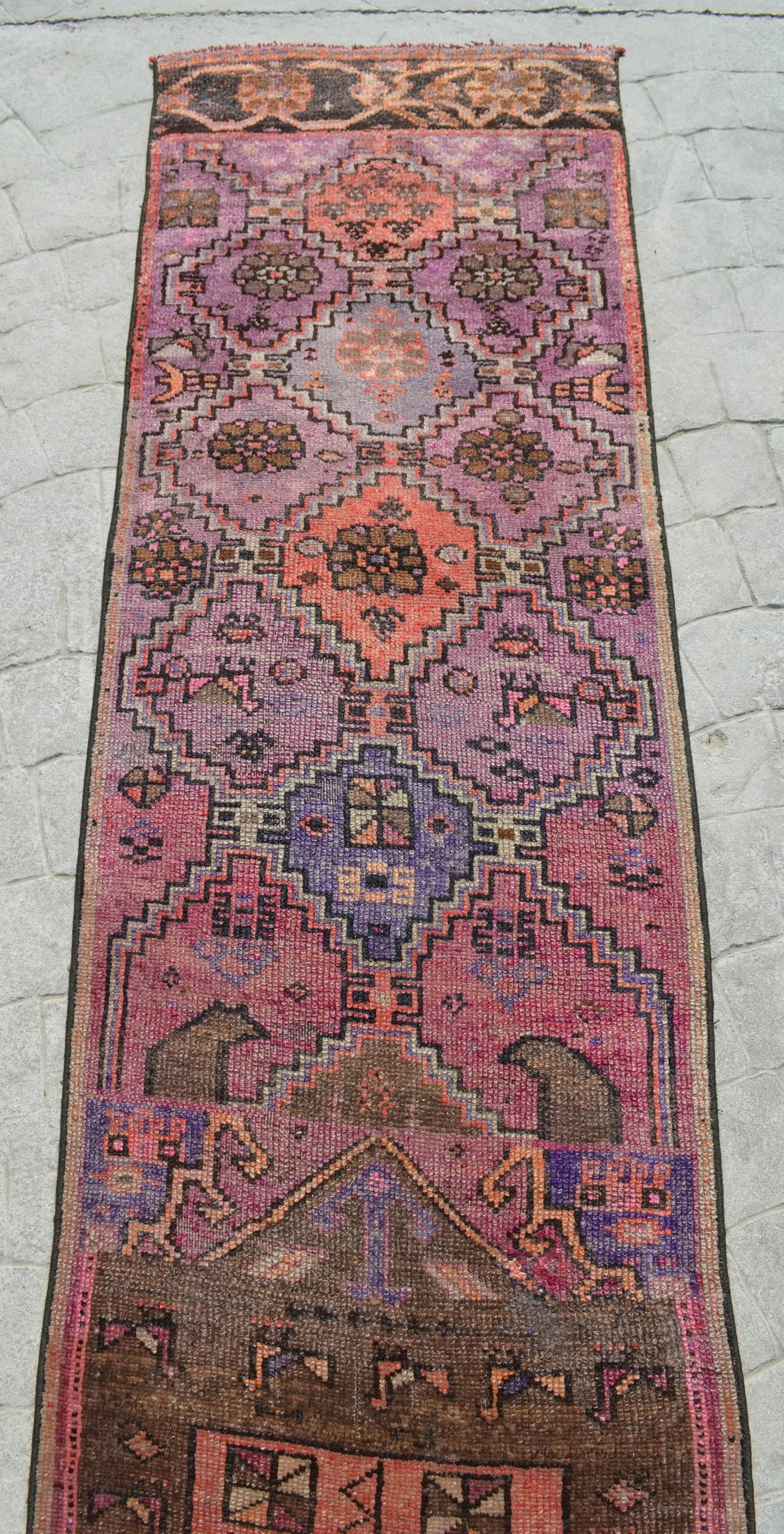 Hand-Knotted Turkish Runner Rug . Low Pile Full Tribal Design Narrow Runner Rug 2"²2"³ - 6