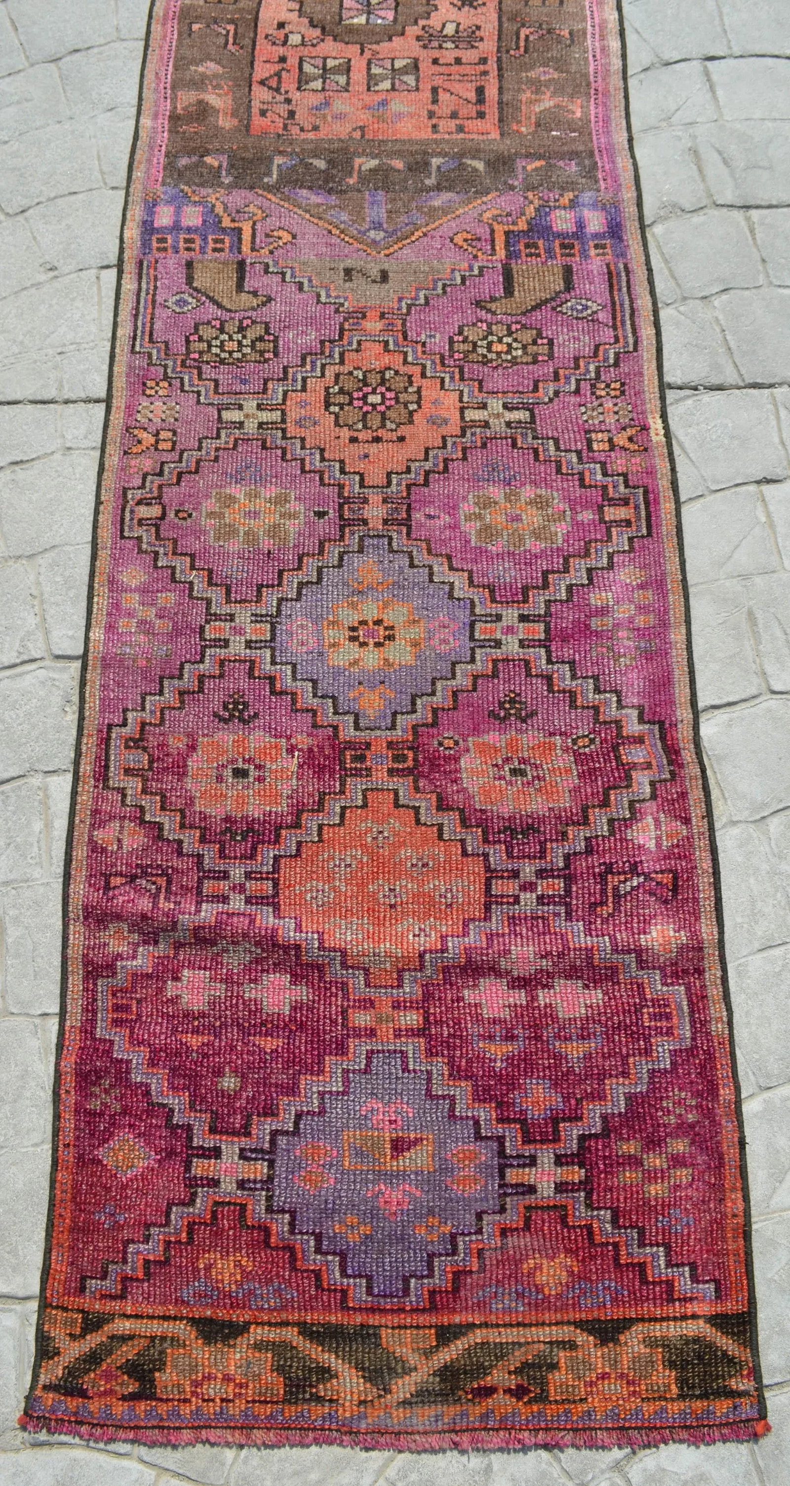 Hand-Knotted Turkish Runner Rug . Low Pile Full Tribal Design Narrow Runner Rug 2"²2"³ - 7