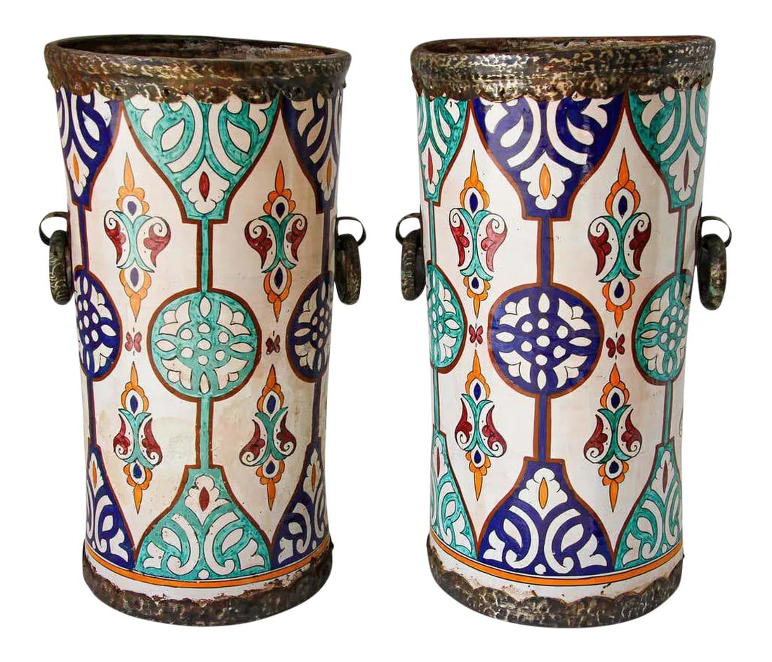 Handcrafted Moorish Ceramic Urns with Handles - A Pair: Pair of very decorative large handcrafted Moorish, Spanish style ceramic urns from Fez, Metal handles, bottom and top adorned with embossed metal. Measures: 13" diameter opening. With handles 16".5.