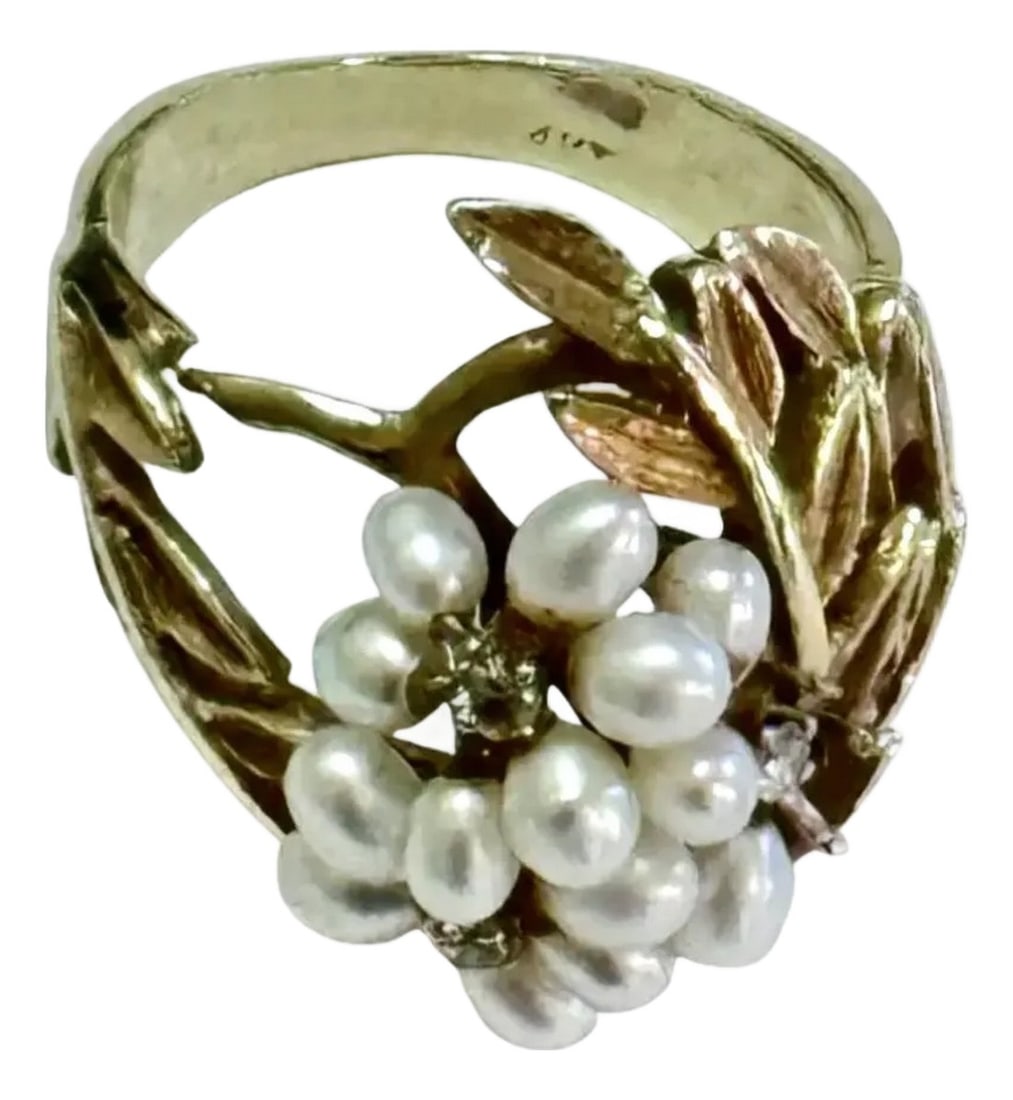 14k Yellow Gold Mid-Century Seed Pearl Cocktail Ring: Impressive 1950's retro 14K Yellow Gold Cocktail Ring. Ring has Leaf Motif and Seed Pearls with Three Accent Diamonds. Size 8.0. Front of ring is 1 in in height. 2gms Total Weight. Ring is marked