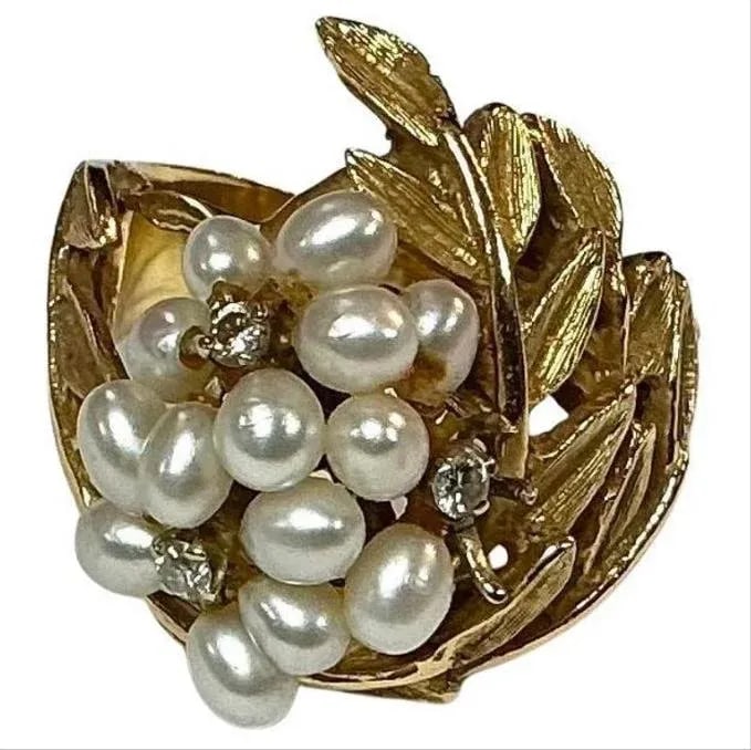 14k Yellow Gold Mid-Century Seed Pearl Cocktail Ring - 2