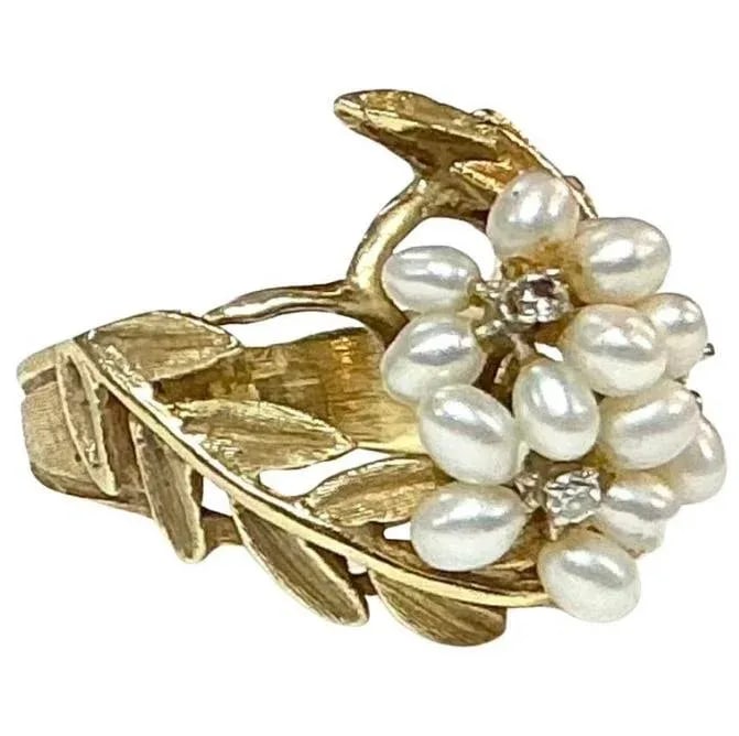 14k Yellow Gold Mid-Century Seed Pearl Cocktail Ring - 3