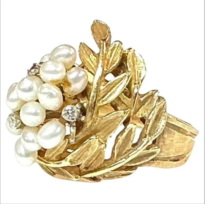 14k Yellow Gold Mid-Century Seed Pearl Cocktail Ring - 4
