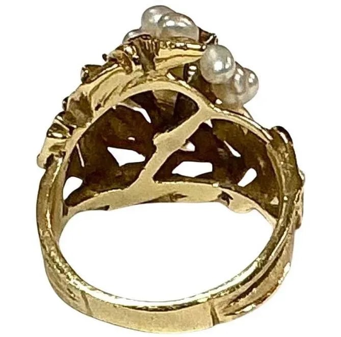 14k Yellow Gold Mid-Century Seed Pearl Cocktail Ring - 5