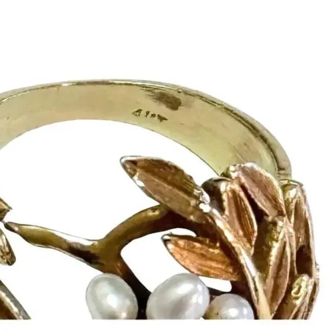 14k Yellow Gold Mid-Century Seed Pearl Cocktail Ring - 6