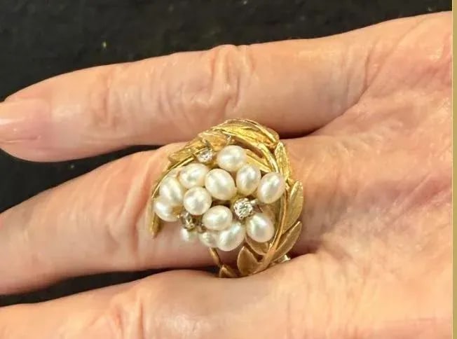 14k Yellow Gold Mid-Century Seed Pearl Cocktail Ring - 7