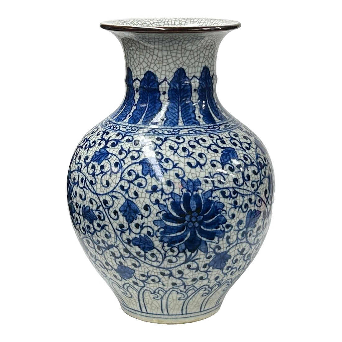 Orient Off White Crackle Blue Floral Pattern Pottery Ceramic Vase: This exquisite blue and white porcelain vase showcases the timeless elegance of traditional Chinese pottery. The vase features a gracefully rounded body that flares into a wide, slightly everted rim, 
