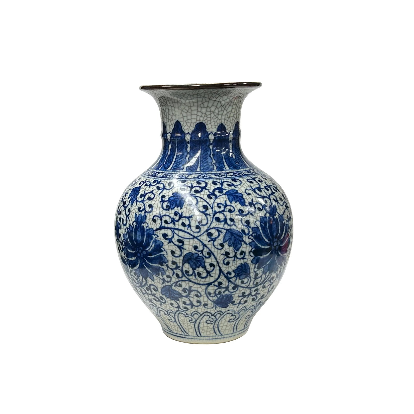 Orient Off White Crackle Blue Floral Pattern Pottery Ceramic Vase - 3