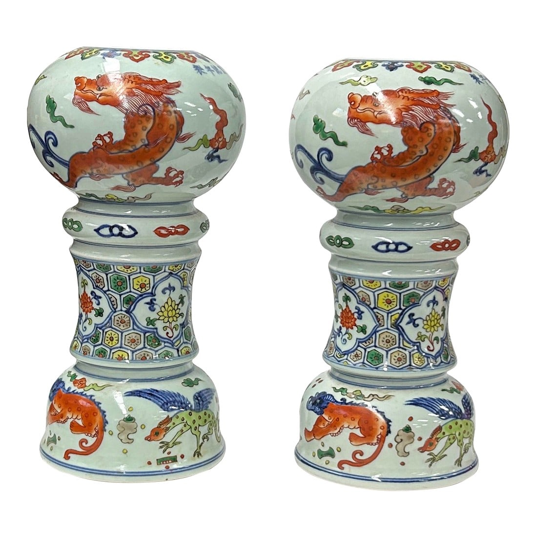 Pair Vintage Chinese WuCai Mythical Graphic Porcelain Candle Holder Vase Art: Elevate your home décor with this exquisite pair of antique Chinese porcelain candle holders / vases , featuring vibrant "Wucai" (five-color) enamels. Each holder is a testament to classical