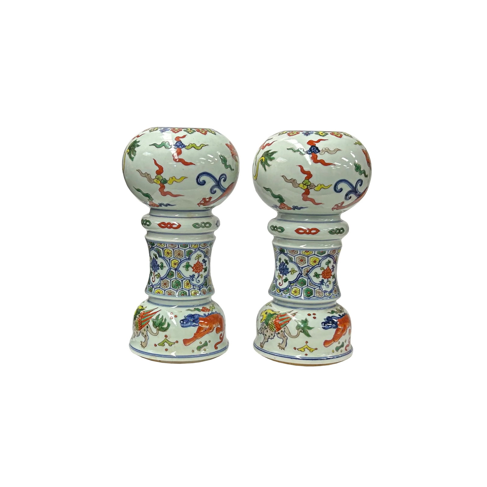 Pair Vintage Chinese WuCai Mythical Graphic Porcelain Candle Holder Vase Art - 2