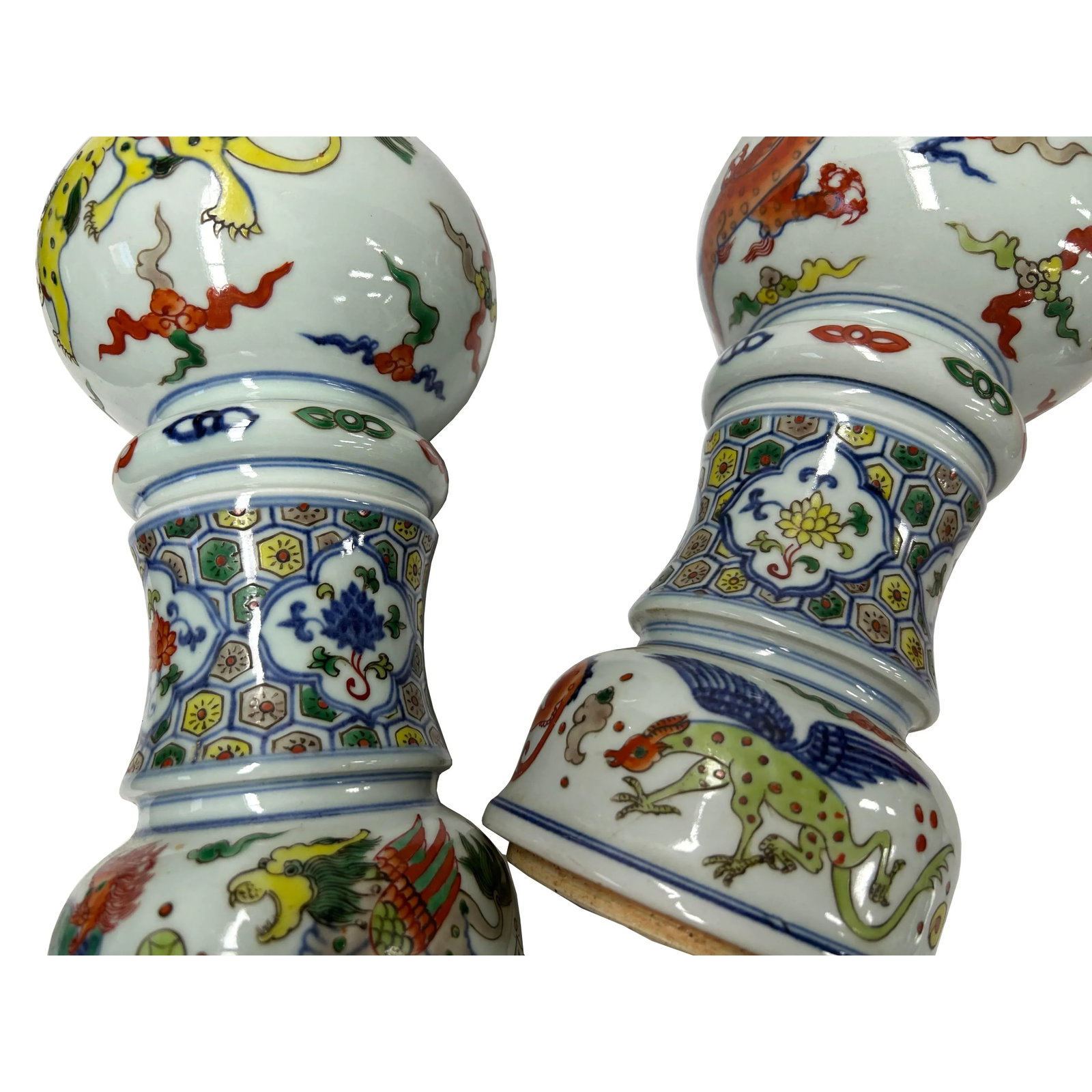 Pair Vintage Chinese WuCai Mythical Graphic Porcelain Candle Holder Vase Art - 6