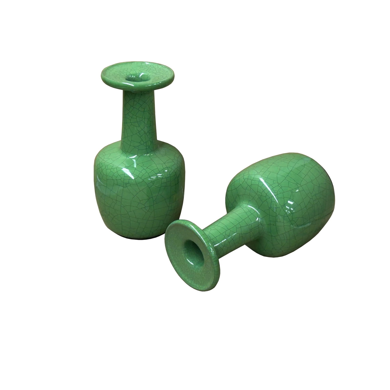 Pair Orient Crackle Pattern Verdant Green Color Pottery Ceramic Vases - 3
