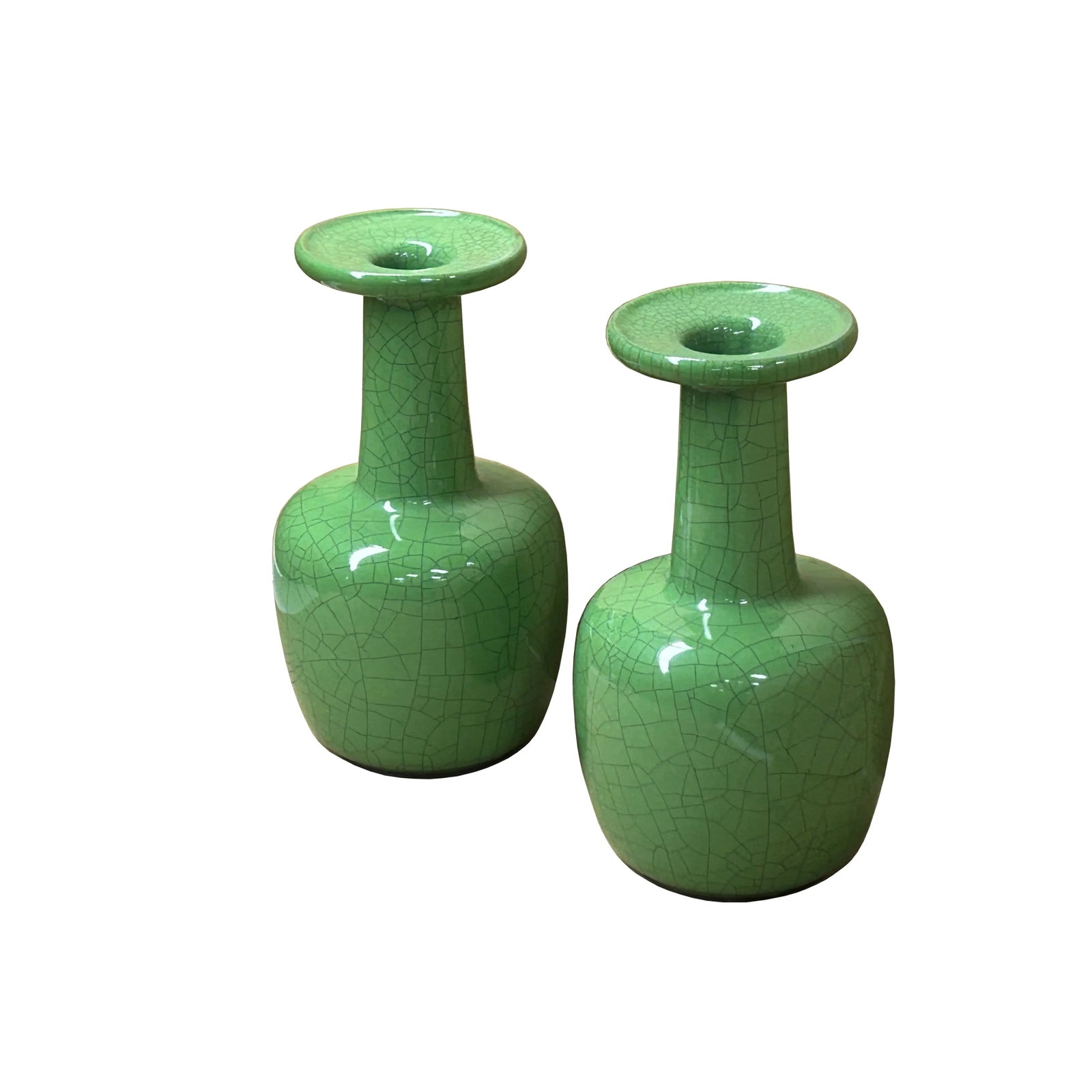 Pair Orient Crackle Pattern Verdant Green Color Pottery Ceramic Vases - 4