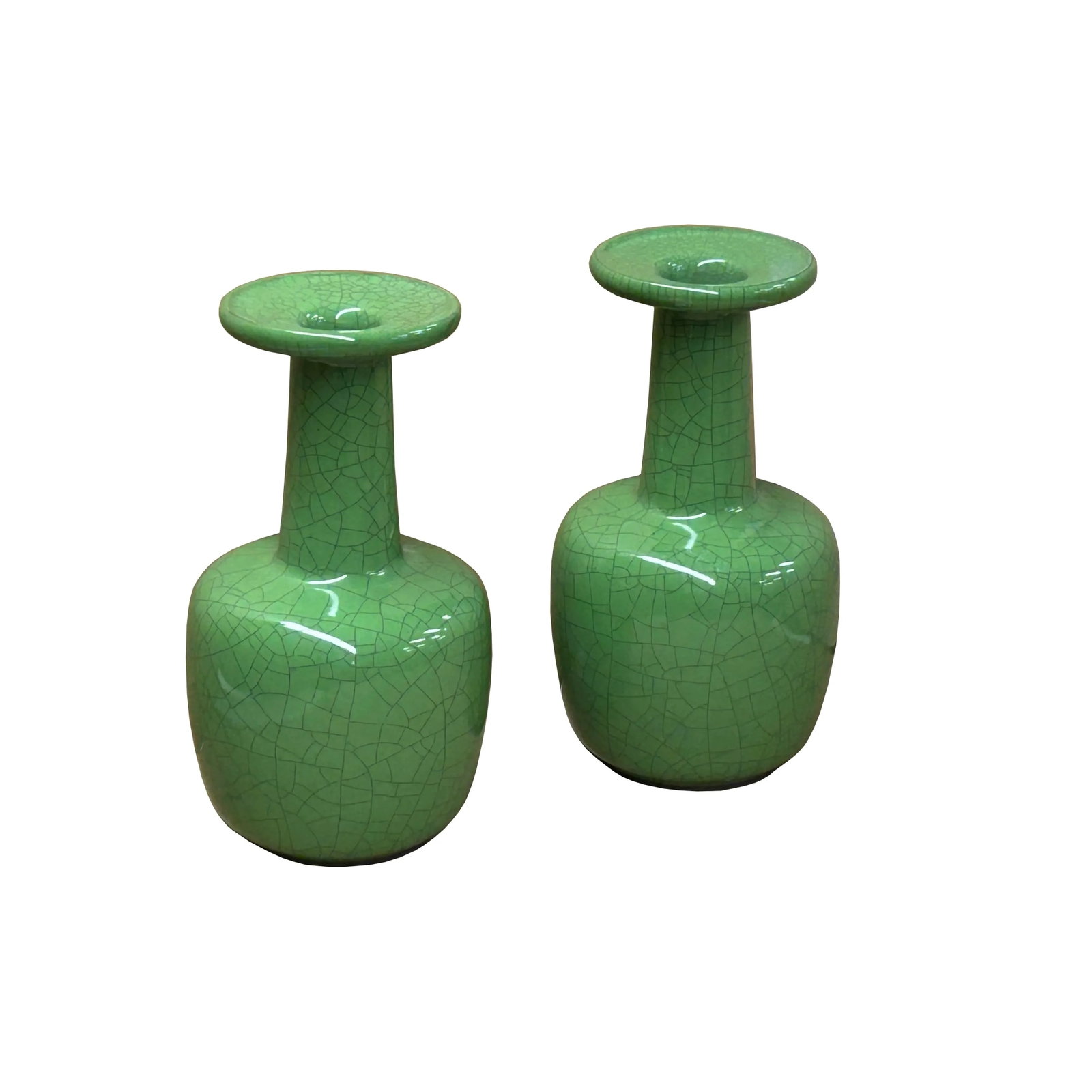 Pair Orient Crackle Pattern Verdant Green Color Pottery Ceramic Vases - 5