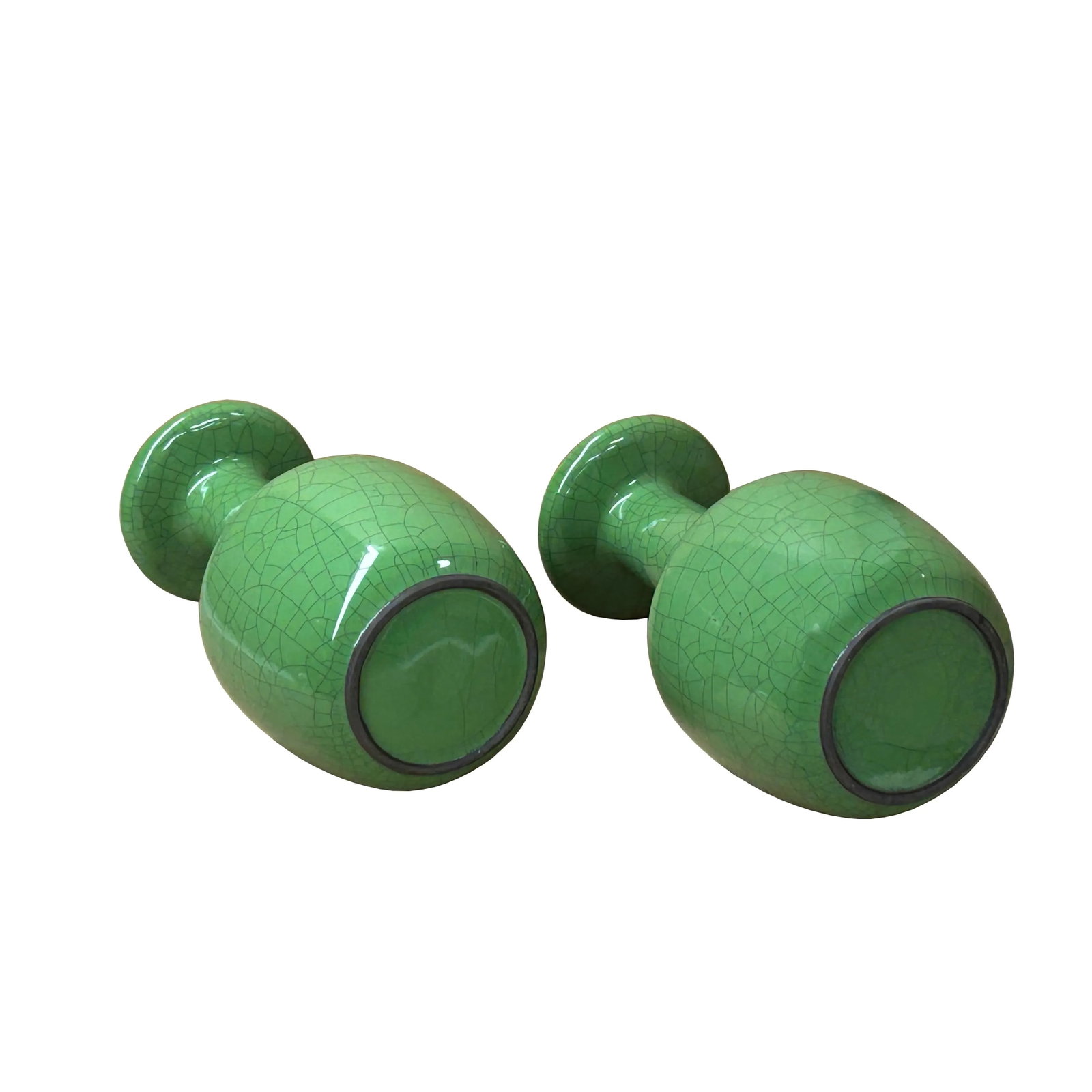 Pair Orient Crackle Pattern Verdant Green Color Pottery Ceramic Vases - 6
