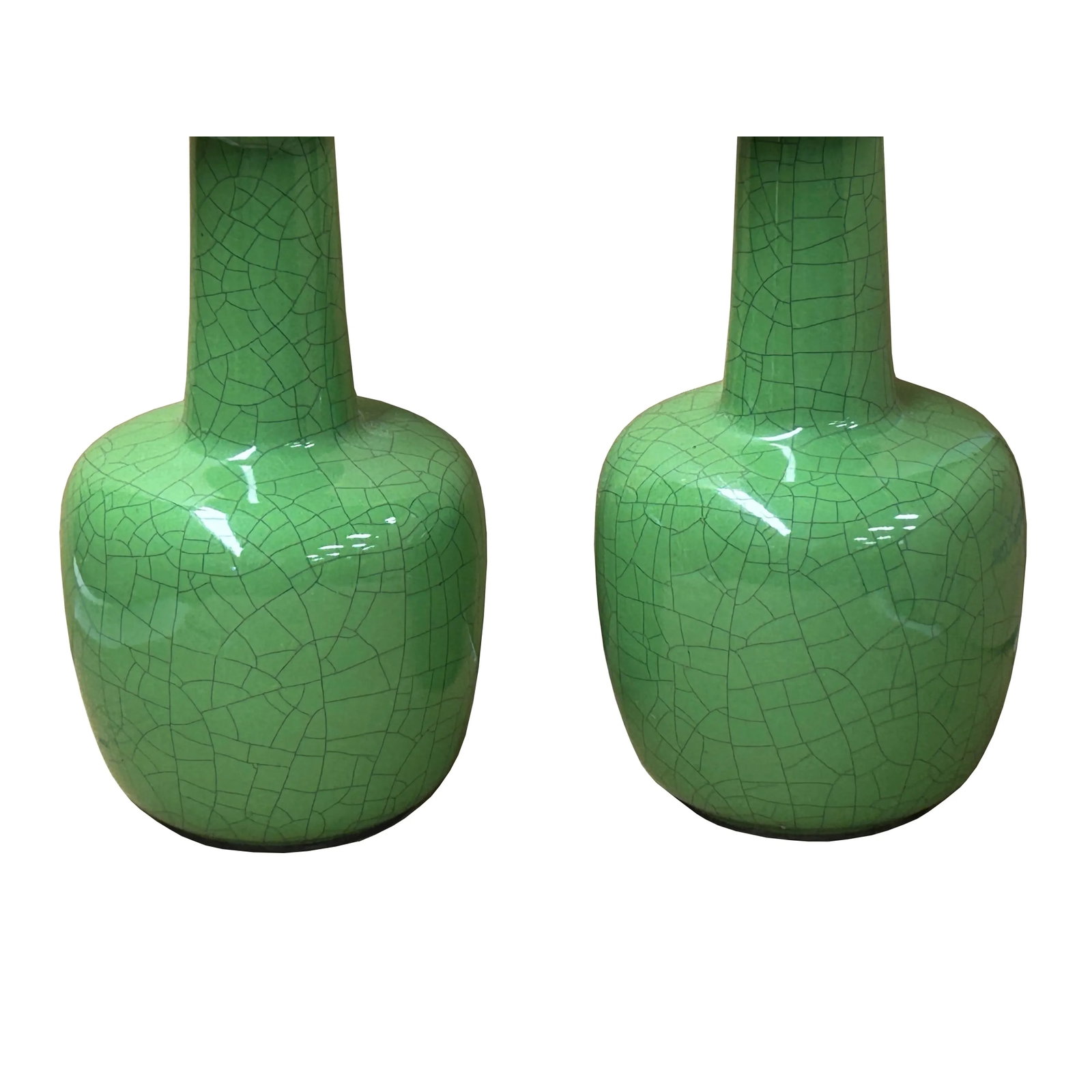Pair Orient Crackle Pattern Verdant Green Color Pottery Ceramic Vases - 7