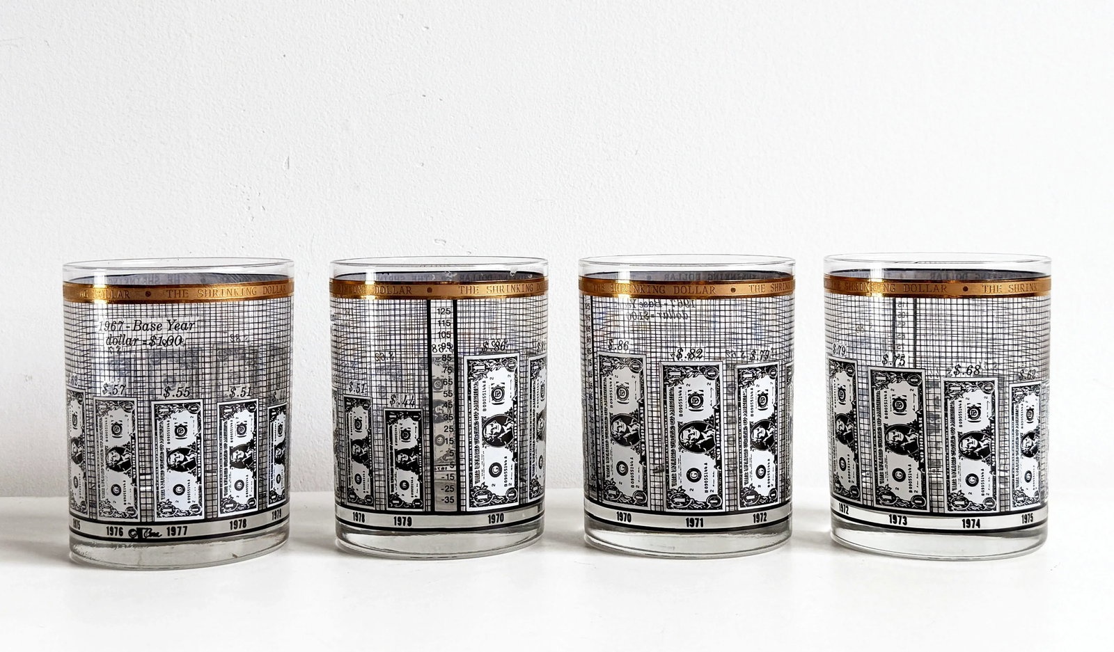 Vintage 1970s Financial 'Shrinking Dollar' Whiskey Glasses With Gold Rim - Set of 4 - 2