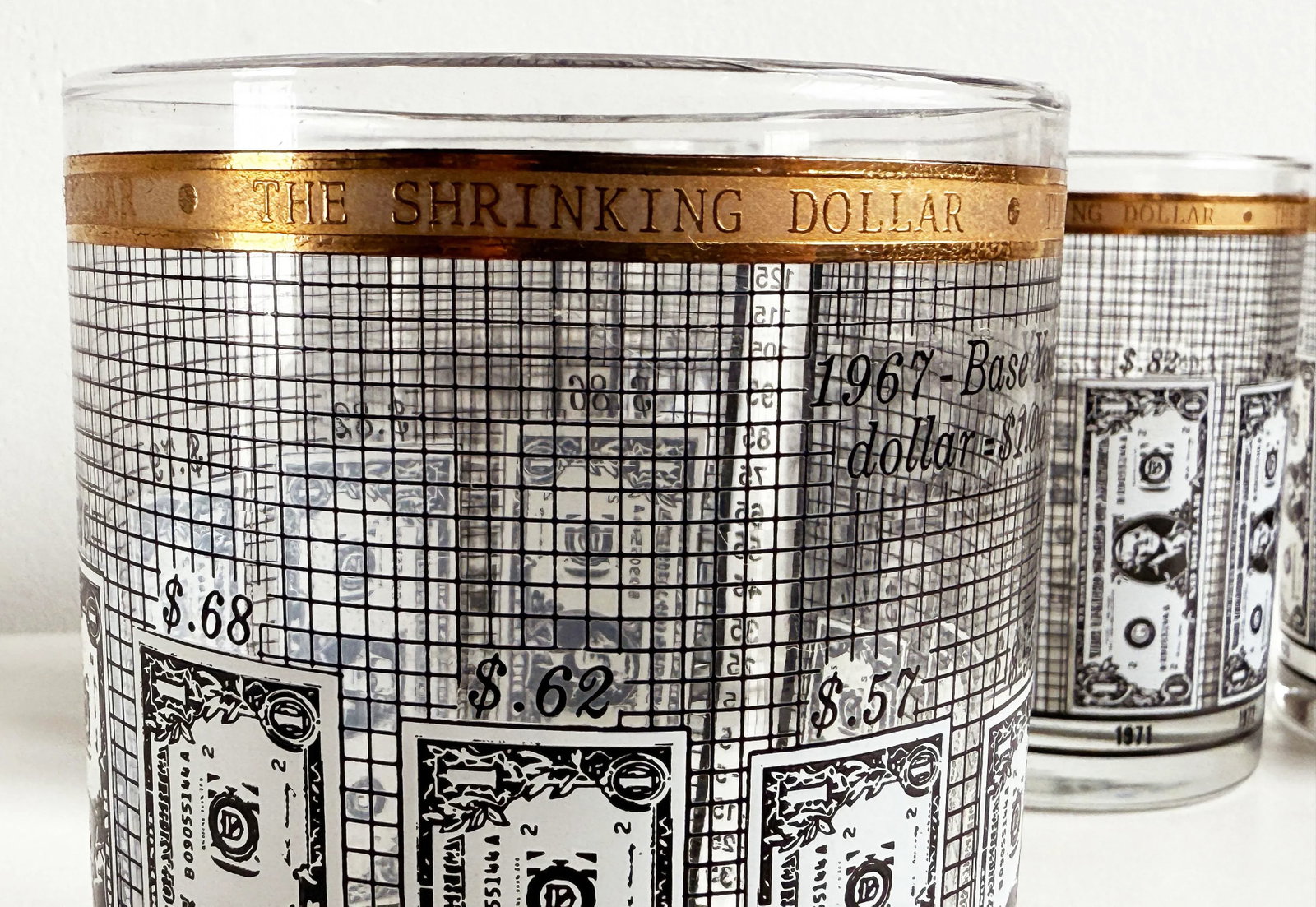 Vintage 1970s Financial 'Shrinking Dollar' Whiskey Glasses With Gold Rim - Set of 4 - 3