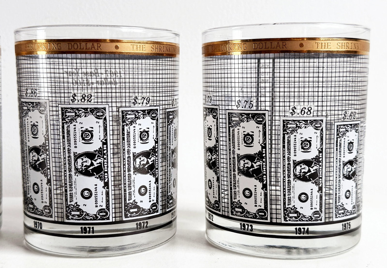 Vintage 1970s Financial 'Shrinking Dollar' Whiskey Glasses With Gold Rim - Set of 4 - 4