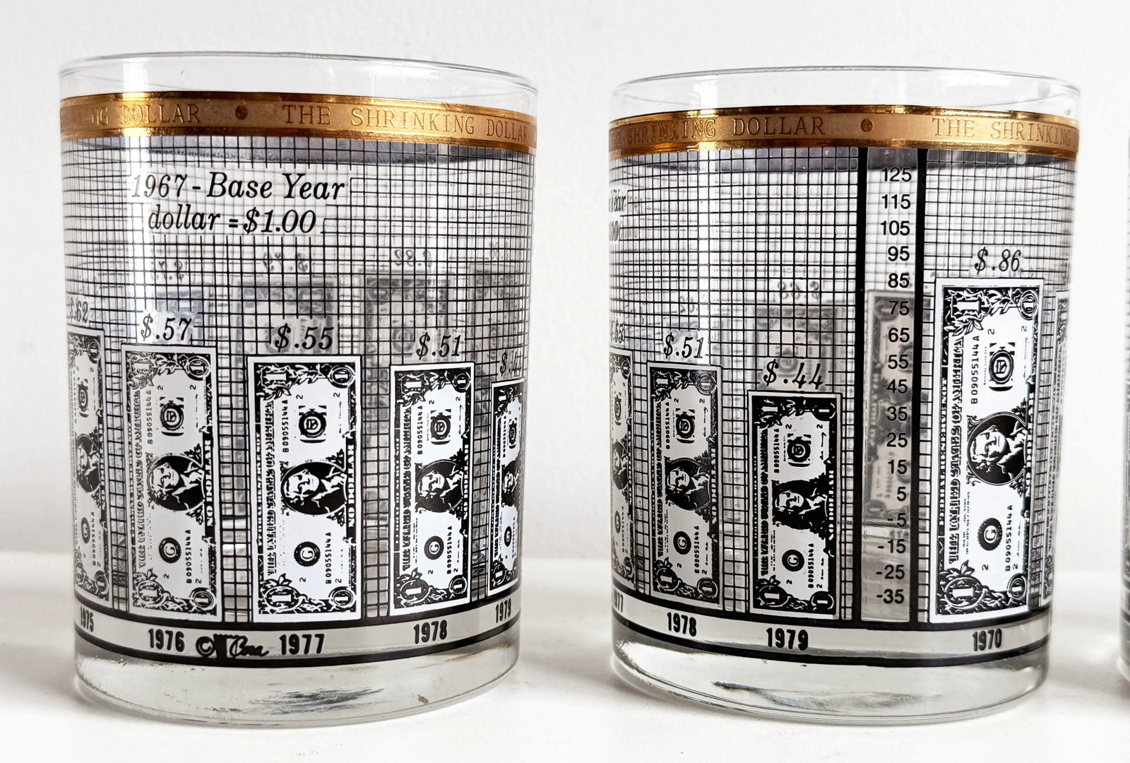 Vintage 1970s Financial 'Shrinking Dollar' Whiskey Glasses With Gold Rim - Set of 4 - 6