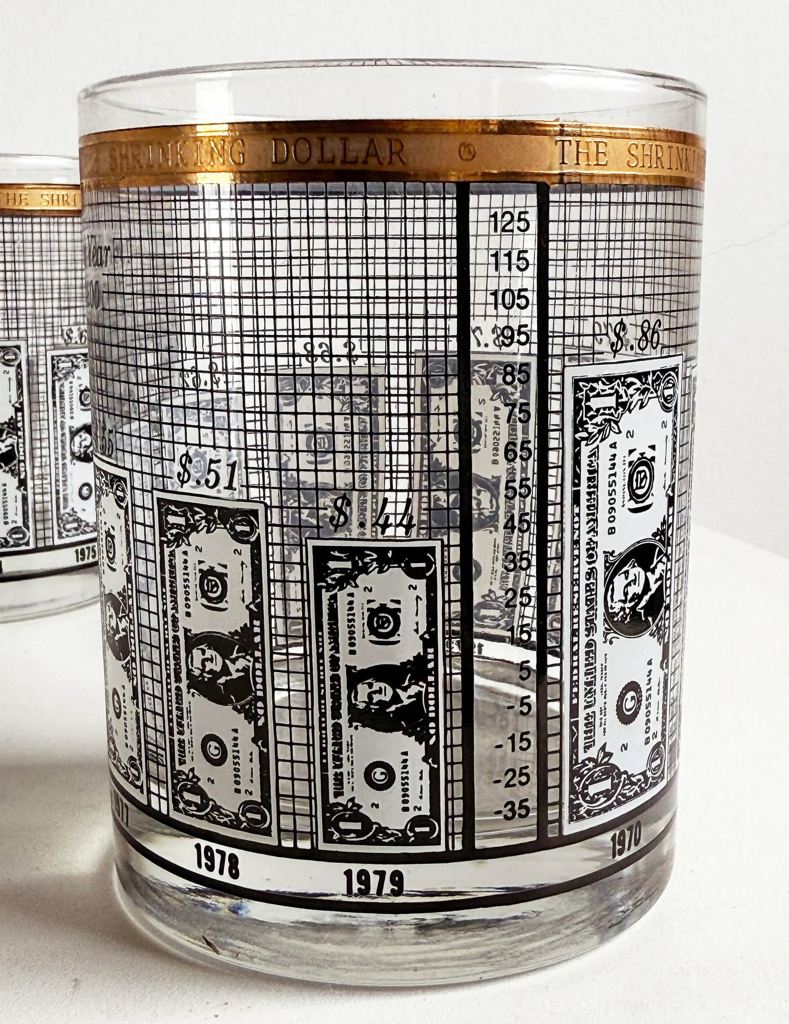 Vintage 1970s Financial 'Shrinking Dollar' Whiskey Glasses With Gold Rim - Set of 4 - 7