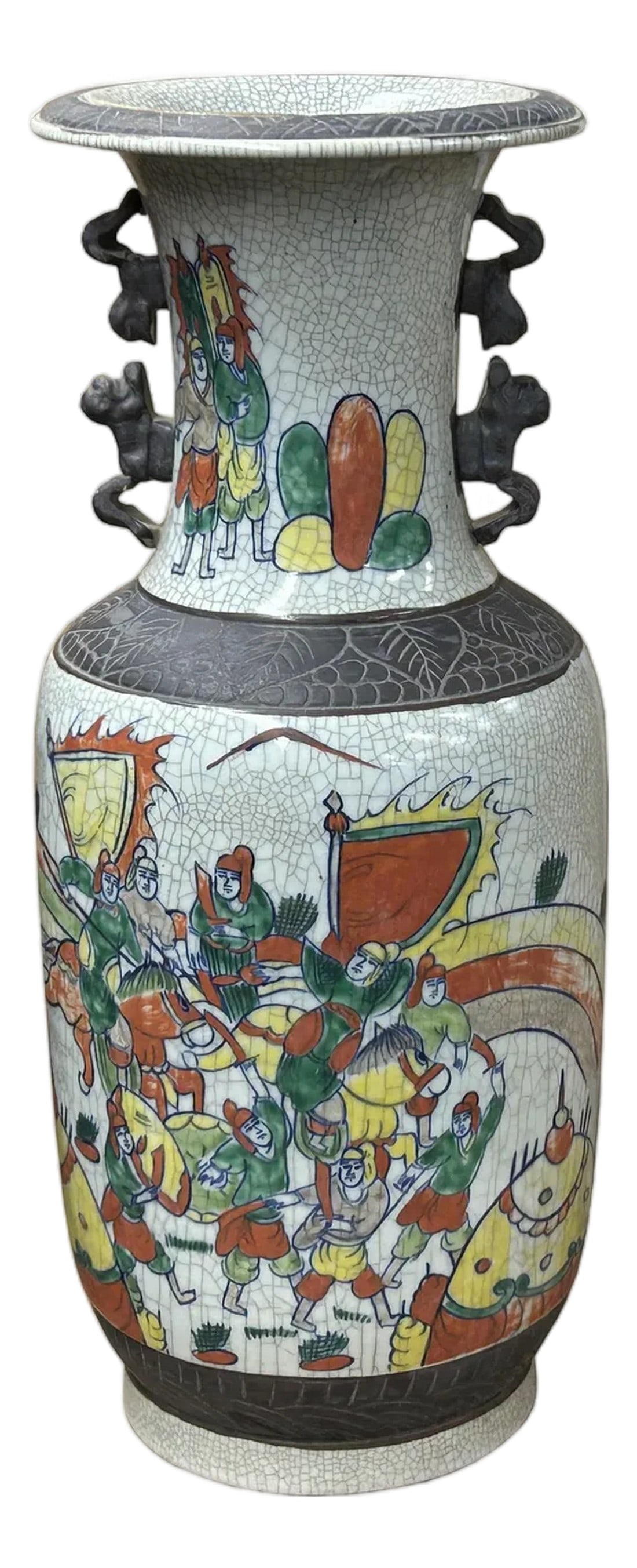 Orient Crackle Gray Warrior Graphic Artistic Pottery Ceramic Vase: Immerse yourself in the grandeur of ancient artistry with this magnificent crackle glaze vase, a true testament to exceptional craftsmanship and historical storytelling. Standing tall with an