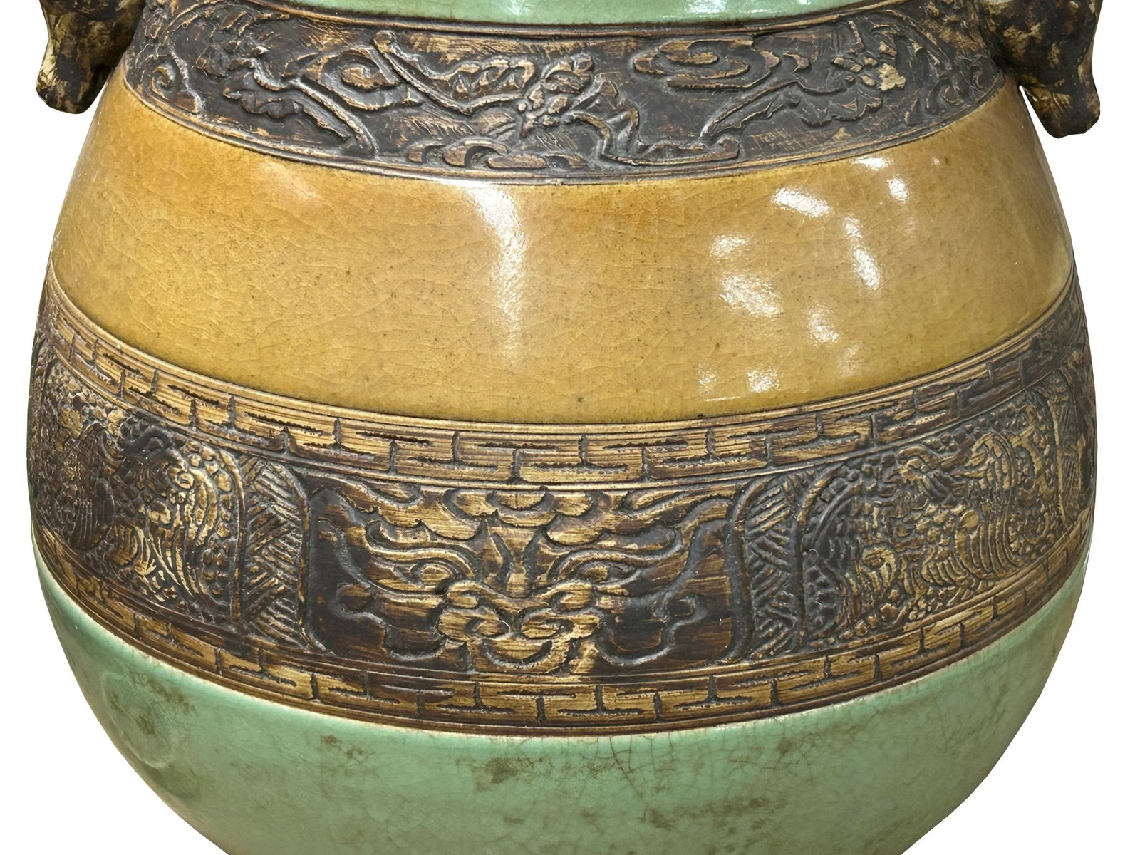 Orient Crackle Green Dragon Motif Ram Heads Artistic Pottery Ceramic Vase - 11