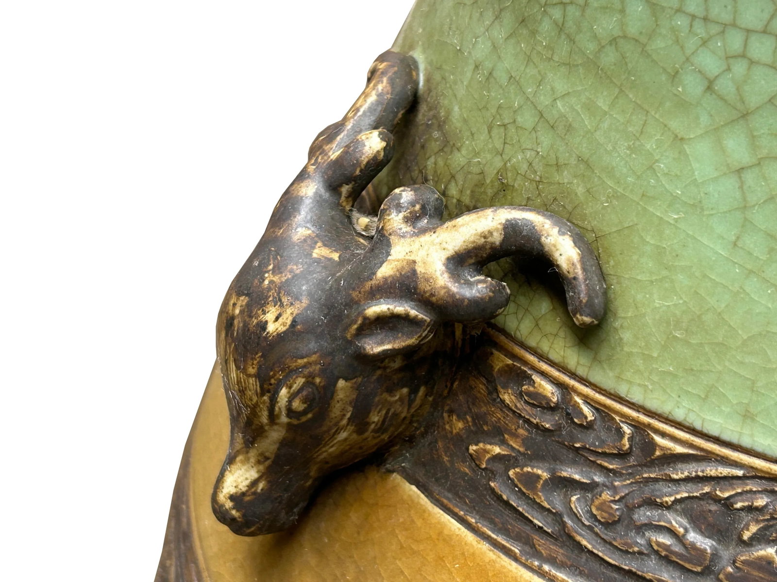 Orient Crackle Green Dragon Motif Ram Heads Artistic Pottery Ceramic Vase - 12