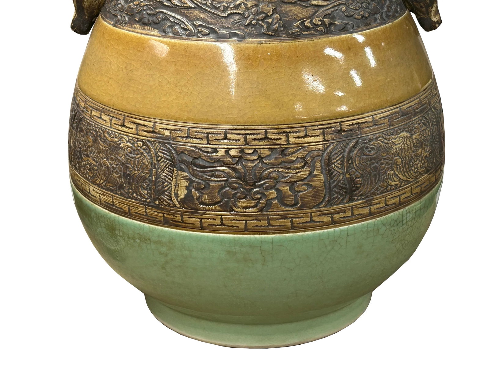 Orient Crackle Green Dragon Motif Ram Heads Artistic Pottery Ceramic Vase - 13