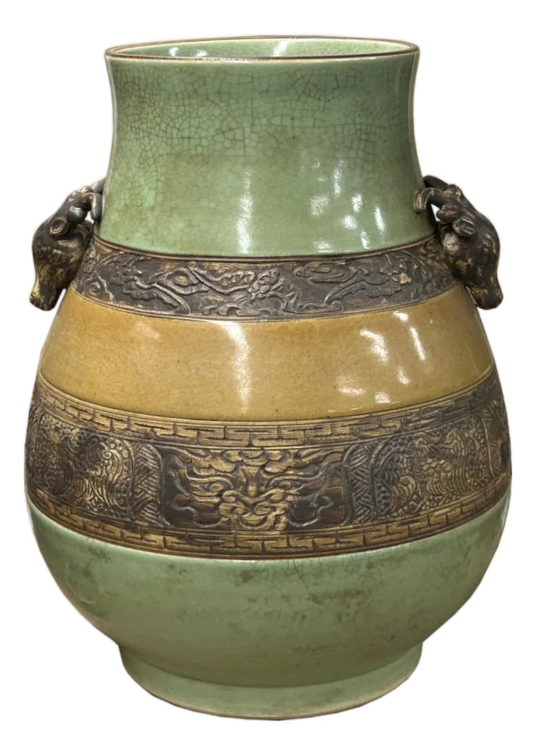 Orient Crackle Green Dragon Motif Ram Heads Artistic Pottery Ceramic Vase: This exquisite vase, standing approximately 13 inches tall, is a true testament to the artistry of traditional craftsmanship. Its striking design features a flared rim and a robust ovoid body, narrowi