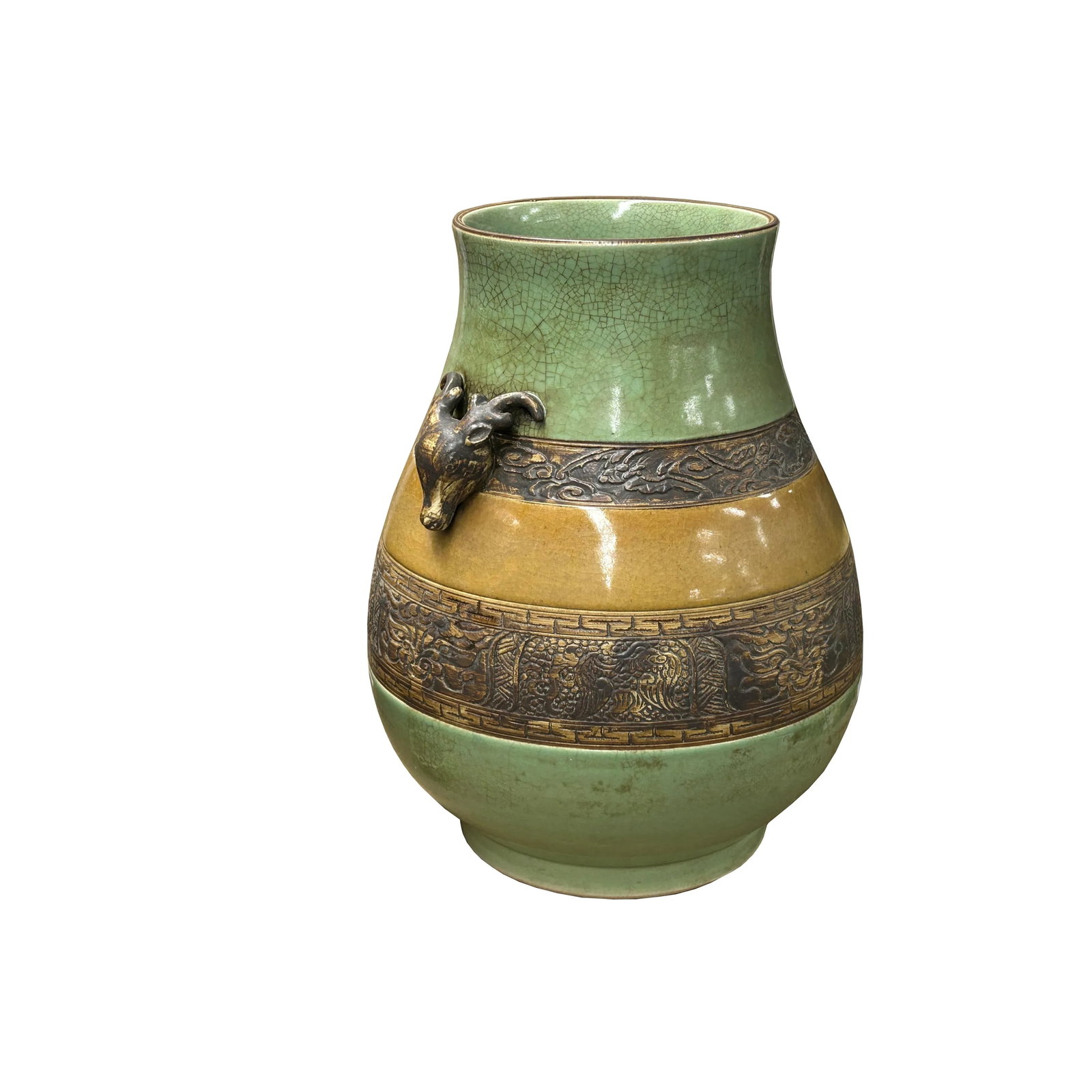 Orient Crackle Green Dragon Motif Ram Heads Artistic Pottery Ceramic Vase - 2