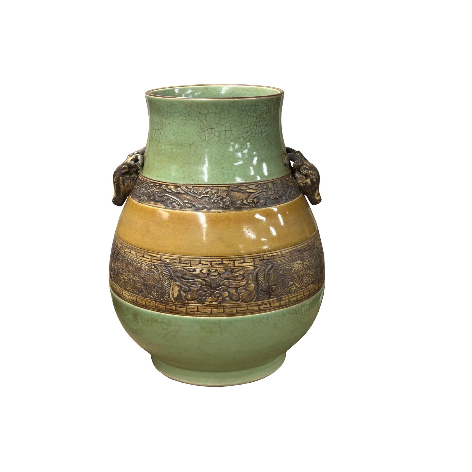 Orient Crackle Green Dragon Motif Ram Heads Artistic Pottery Ceramic Vase - 3